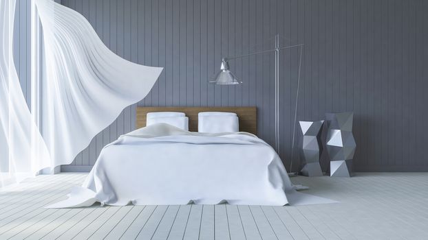 3ds rendered image of bed in seaside room which have dark gray wooden wall and white floor in day time, White fabric curtains being blown by wind from the sea