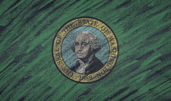 Close-up of national Washington state flag painted with colored chalk on a blackboard.