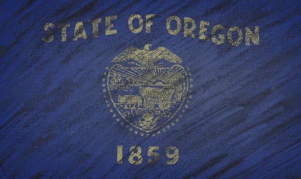 Close-up of national Oregon state flag painted with colored chalk on a blackboard. 3D rendering