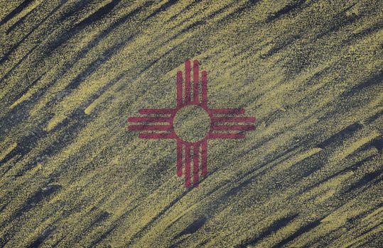 Close-up of national New Mexico state flag painted with colored chalk on a blackboard. 3D rendering