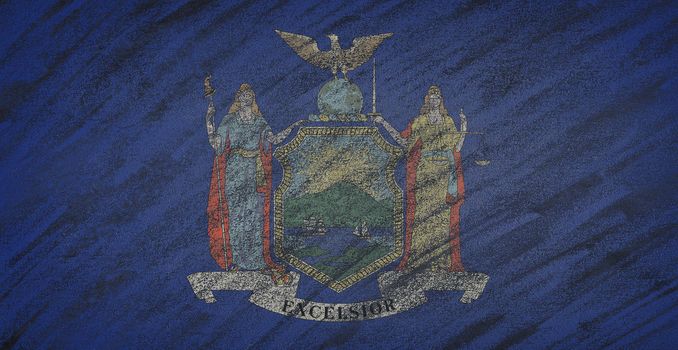 Close-up of national New York state flag painted with colored chalk on a blackboard. 3D rendering