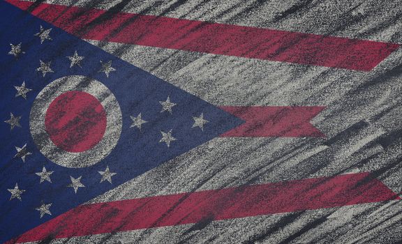 Close-up of national Ohio state flag painted with colored chalk on a blackboard. 3D rendering