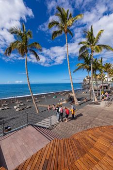 Palms  at beach with black lava sand at Puerto Naos in La Palma Island, Canary Island, Spain.