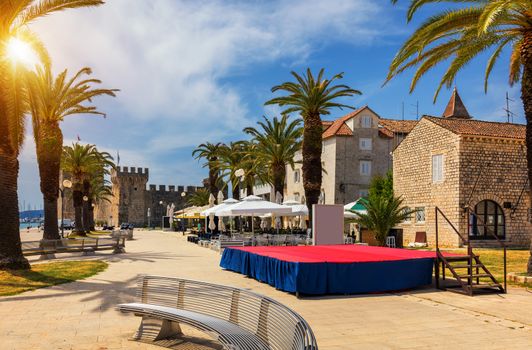 View at town Trogir, old touristic place in Croatia Europe. Trogir town coastal view. Magnificent Trogir, Croatia. Sunny old Venetian town, Dalmatian Coast in Croatia.