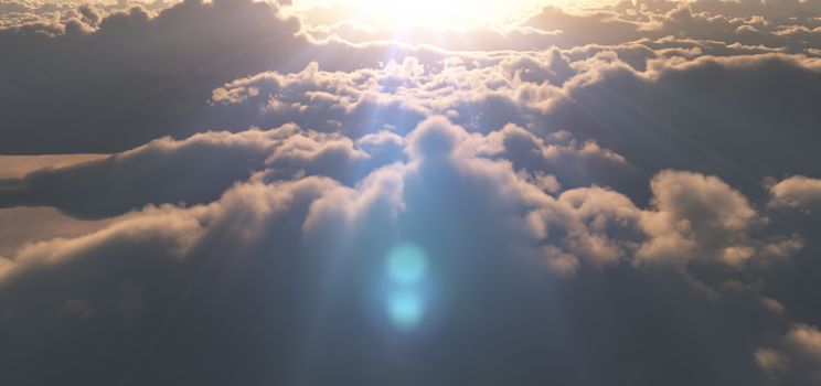 fly above clouds sunset god ray, 3d render