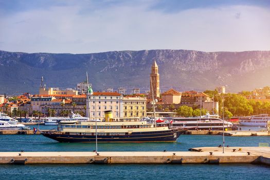 Split, Croatia (region of Dalmatia). UNESCO World Heritage Site. View of Split city, Diocletian Palace and Mosor mountains in background. Split panoramic view of town, Dalmatia, Croatia.