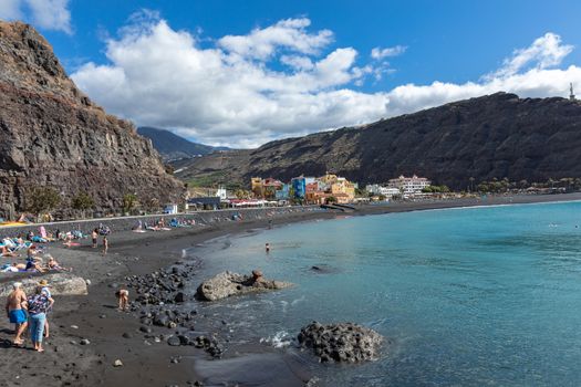 Tazacorte beach with black lava sand at La Palma Island, Canary Island, Spain.