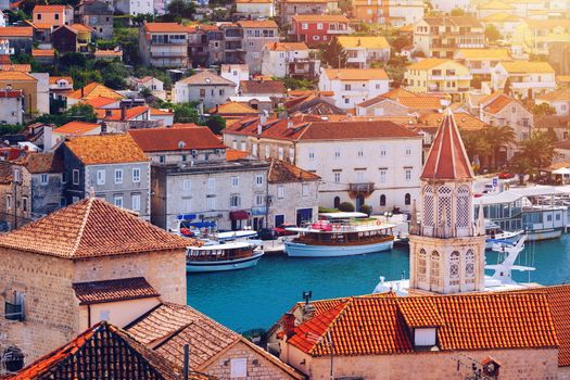 View at town Trogir, old touristic place in Croatia Europe. Trogir town coastal view. Magnificent Trogir, Croatia. Sunny old Venetian town, Dalmatian Coast in Croatia.