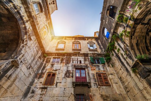 Street in Split historical center, Croatia. Beautiful square of the old town of Split in Croatia. Old stone street of Split historic city, Dalmatia, Croatia