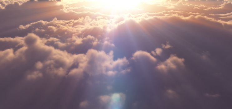 fly above clouds sunset god ray, 3d render