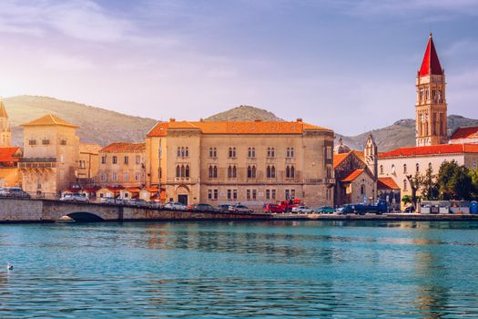 View at town Trogir, old touristic place in Croatia Europe. Trogir town coastal view. Magnificent Trogir, Croatia. Sunny old Venetian town, Dalmatian Coast in Croatia.