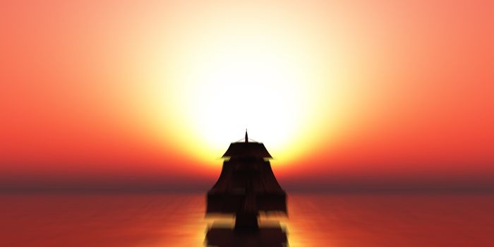 old ship sunset at sea, 3d render