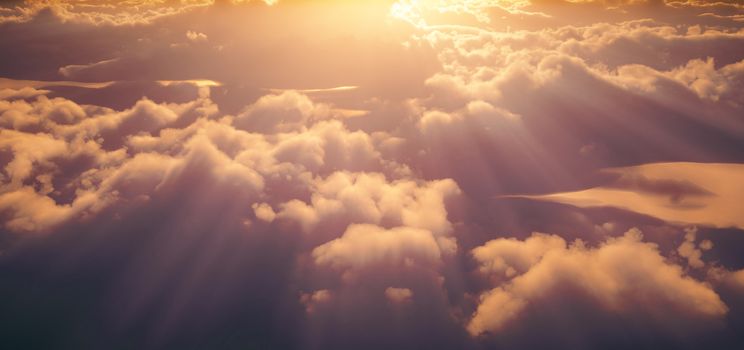 fly above clouds sunset god ray, 3d render