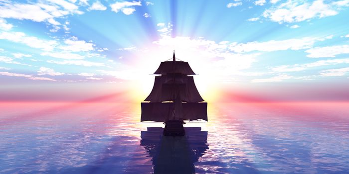 old ship sunset at sea, 3d render