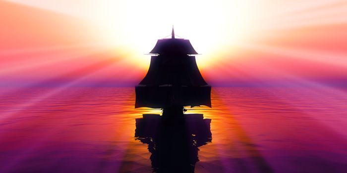 old ship sunset at sea, 3d render