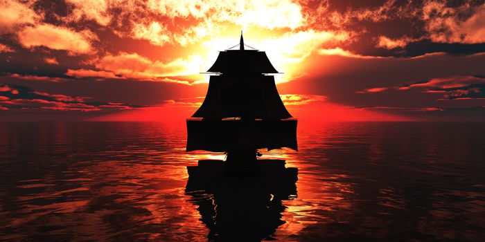 old ship sunset at sea, 3d render