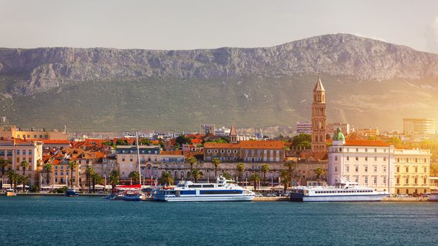 Split, Croatia (region of Dalmatia). UNESCO World Heritage Site. View of Split city, Diocletian Palace and Mosor mountains in background. Split panoramic view of town, Dalmatia, Croatia.
