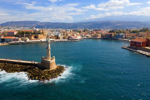 Panoramic aerial view from above of the city of Chania, Crete island, Greece. Landmarks of Greece, beautiful venetian town Chania in Crete island.