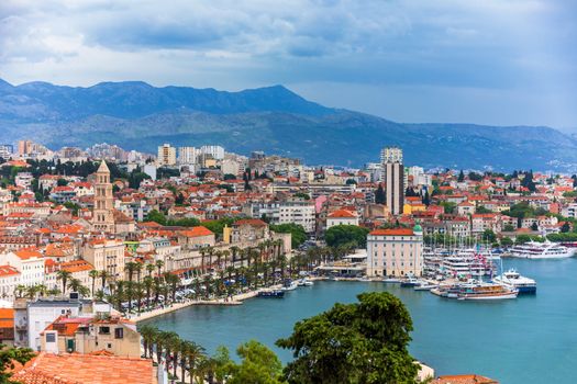 Split, Croatia (region of Dalmatia). UNESCO World Heritage Site. View of Split city, Diocletian Palace and Mosor mountains in background. Split panoramic view of town, Dalmatia, Croatia.