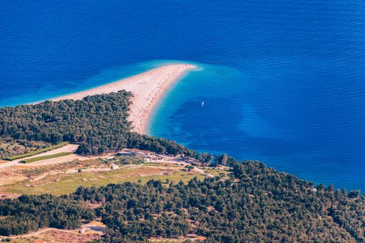 Beautiful panorama of famous Adriatic beach Zlatni Rat (Golden Cape or Golden Horn) with turquoise water , Island of Brac Croatia summertime. Famous Adriatic beach Zlatni Rat in Bol, Brac, Croatia.