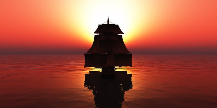 old ship sunset at sea, 3d render