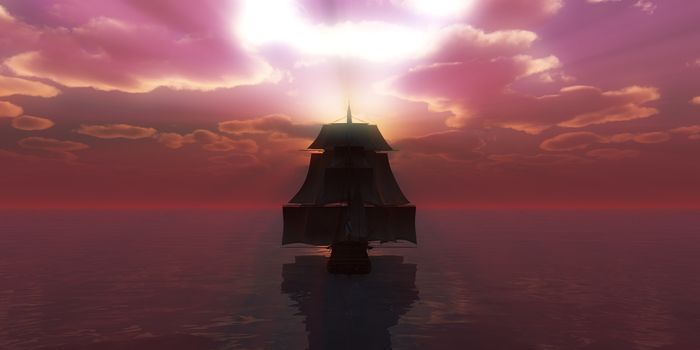 old ship sunset at sea, 3d render