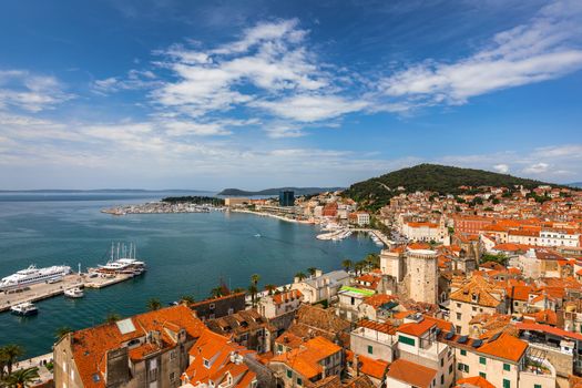 Split waterfront and Marjan hill aerial view, Dalmatia, Croatia. UNESCO World Heritage Site. Split panoramic view of town, Dalmatia, Croatia.