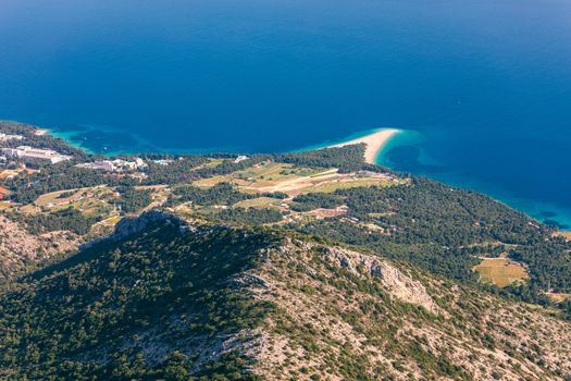 Beautiful panorama of famous Adriatic beach Zlatni Rat (Golden Cape or Golden Horn) with turquoise water , Island of Brac Croatia summertime. Famous Adriatic beach Zlatni Rat in Bol, Brac, Croatia.