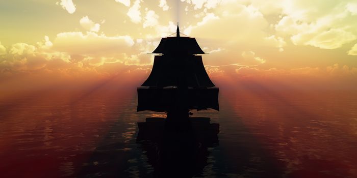 old ship sunset at sea, 3d render