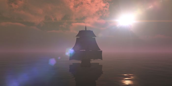 old ship sunset at sea, 3d render