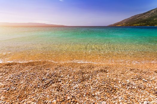 Zlatni Rat (Golden Cape or Golden Horn) famous turquoise beach in Bol town on Brac island, Dalmatia, Croatia. Zlatni Rat sandy beach at Bol on Brac island of Croatia in summertime.