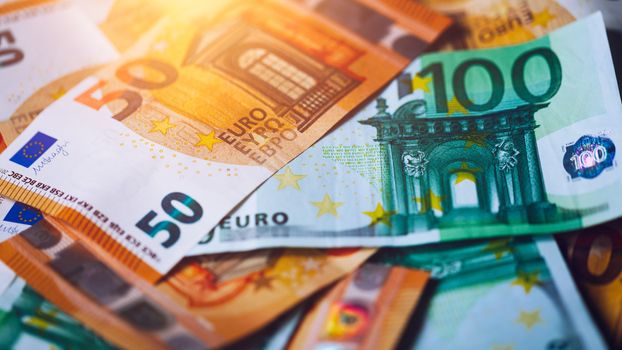 Euro money, Euro cash background. Banknotes of the european union. Euro cash. Many Euro banknotes of different values. 