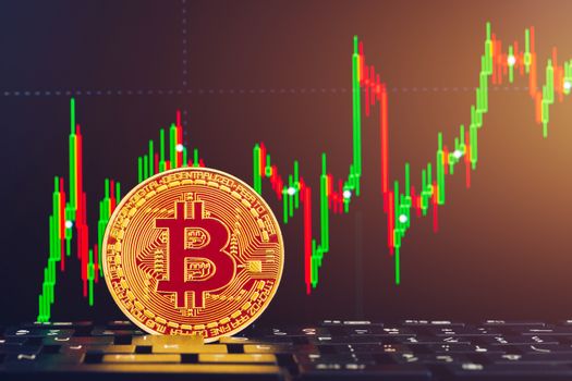 Bitcoin gold coin and defocused chart background. Virtual cryptocurrency concept. Bitcoins on ladder chart cryptocurrency concept. Bitcoin currency with blockchain concept.