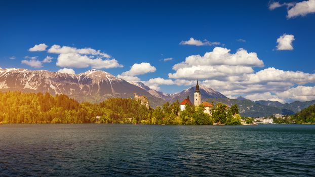 Lake Bled with St. Marys Church of Assumption on small island. Bled, Slovenia, Europe. The Church of the Assumption, Bled, Slovenia. The Lake Bled and Santa Maria Church near Bled, Slovenia.