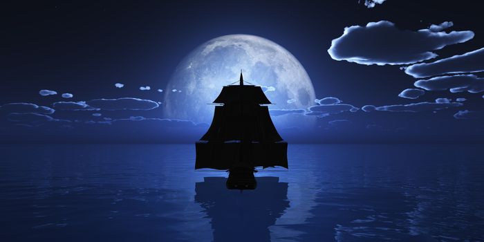 old ship at night full moon, 3d render