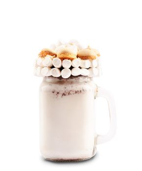 Extreme milkshake. Freakshake. Marshmallow and cookie shake isolated on white background with copy space