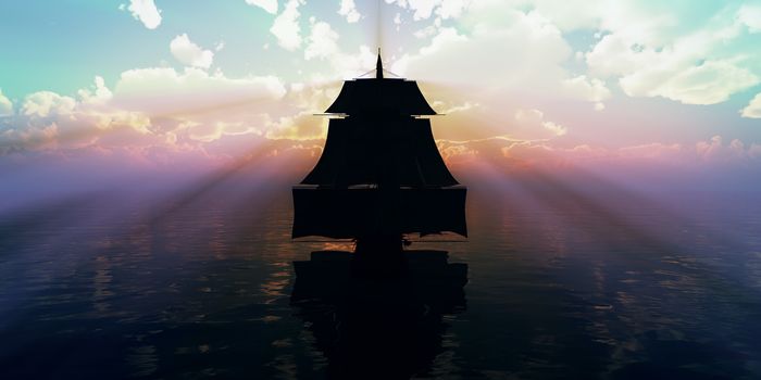 old ship sunset at sea, 3d render