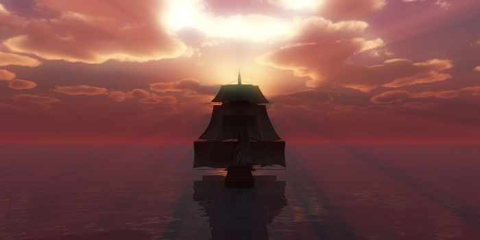 old ship sunset at sea, 3d render