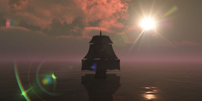 old ship sunset at sea, 3d render