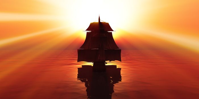 old ship sunset at sea, 3d render