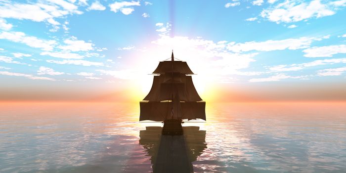 old ship sunset at sea, 3d render