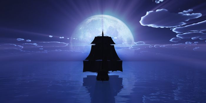 old ship at night full moon, 3d render