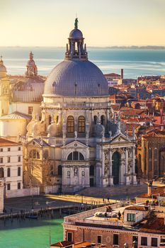 Aerial View of the Grand Canal and Basilica Santa Maria della Salute, Venice, Italy. Venice is a popular tourist destination of Europe. Venice, Italy.