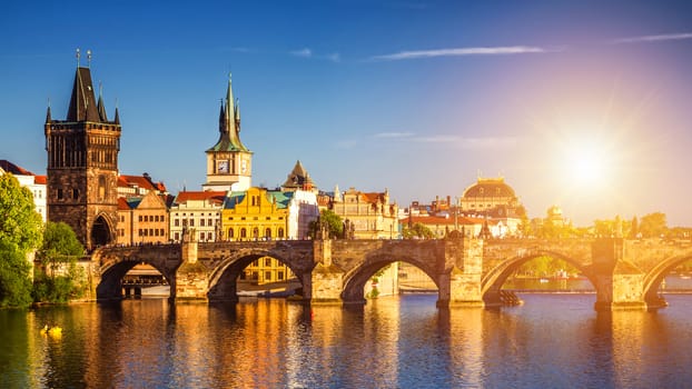 Prague View of the Vltava River and the bridges shined with the sunset sun, Prague, the Czech Republic