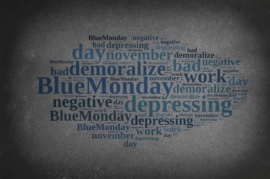 Blackboard with word cloud on Blue Monday, the worst day of the year.3D rendering