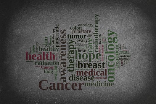 Blackboard with word cloud about different types of cancer.3D rendering.