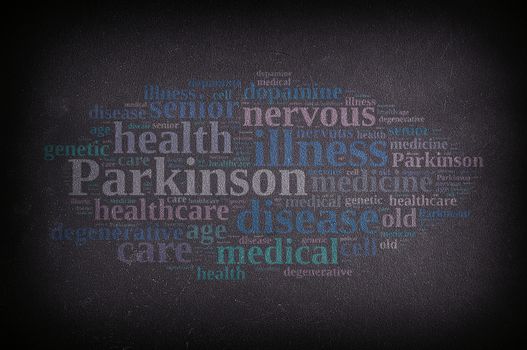 Word cloud blackboard on Parkinson's disease. 3D rendering.