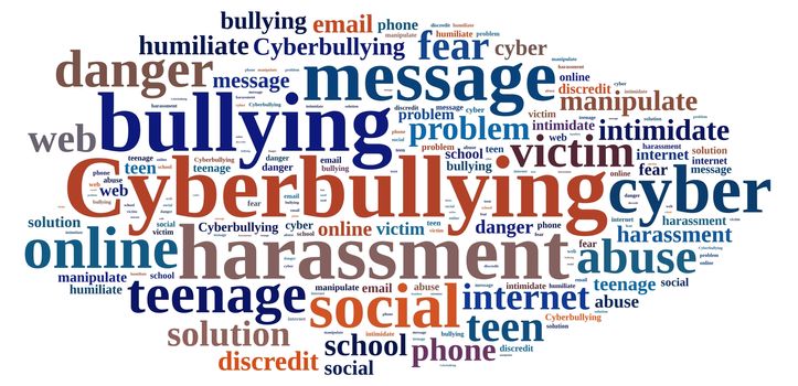 Illustration with word cloud on cyberbullying.