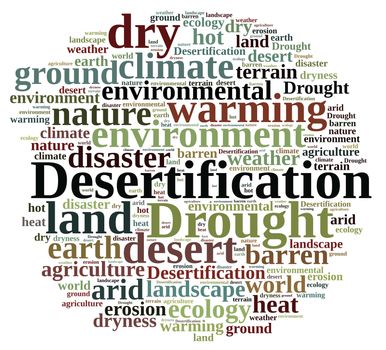 An illustration with word cloud about desertification