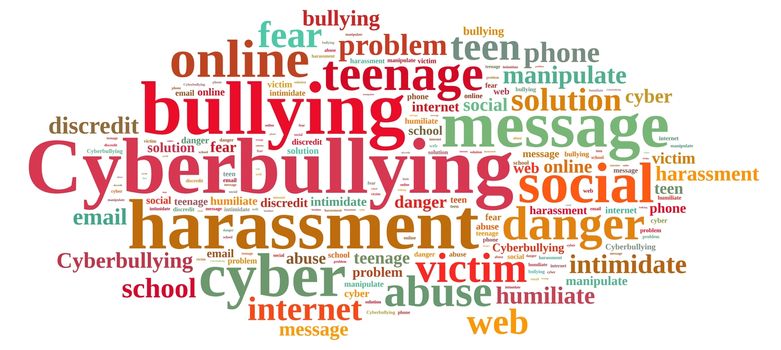 Illustration with word cloud on cyberbullying.